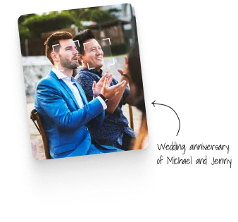 Two grooms applauding in a photo labelled “Wedding anniversary of Michael and Jenny”
