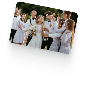 Wedding party toasting with champagne, every guest’s face detected by Papzi